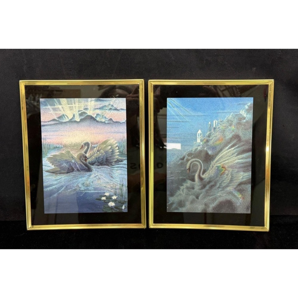 Fantasy Foil Prints Sue Dawe Swan Rainbow Gold Framed Carnival Prize 1980's Art